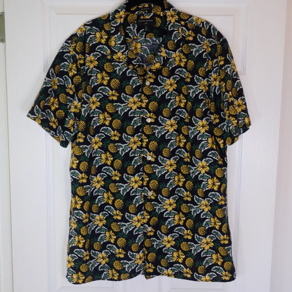 Banana Republic Linen Slim Fit Button Down Pineapple Hawaiian Shirt Men’s Sz XL